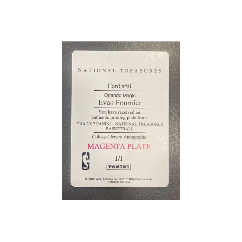 EVAN FOURNIER 2016-17 NATIONAL TREASURE PRINTING PLATE MAGENTA COLOSSAL JERSEY 1/1