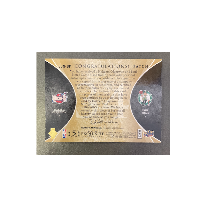 PIERCE / OLAJUWON 2007-08 EXQUISITE DUAL NUMBER PIECES DUAL PATCH AUTO 14/34