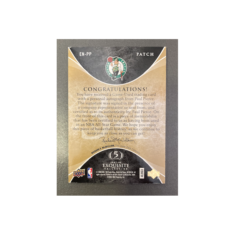 PAUL PIERCE 2007-08 EXQUISITE NUMBER PIECES PATCH AUTO 8/34