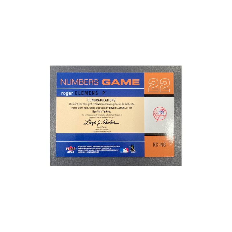 ROGER CLEMENS 2003 FLEER PATCHWORKS JERSEY NUMBER GAME