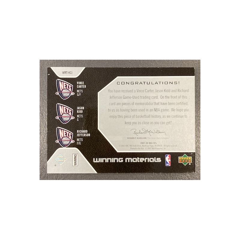 VINCE CARTER / JASON KIDD / RICHARD JEFFERSON 2007-08 SPX WINNING MATERIALS JERSEY - EXMT CONDITION