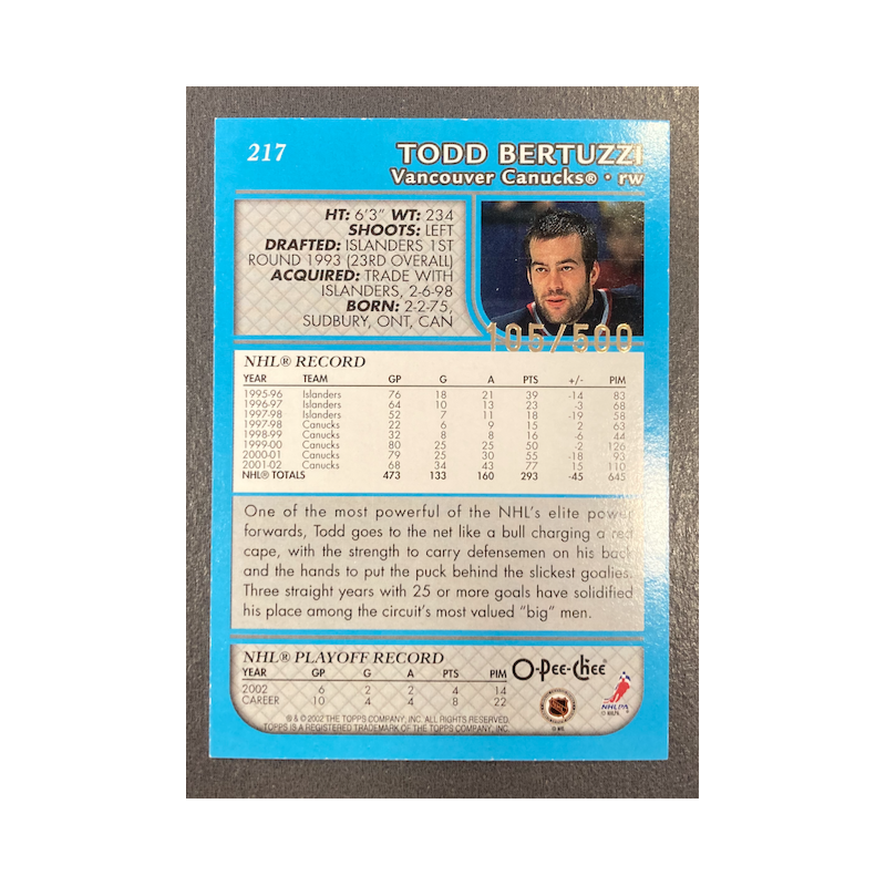 TODD BERTUZZI 2002-03 TOPPS O-PEE-CHEE BLUE 105/500