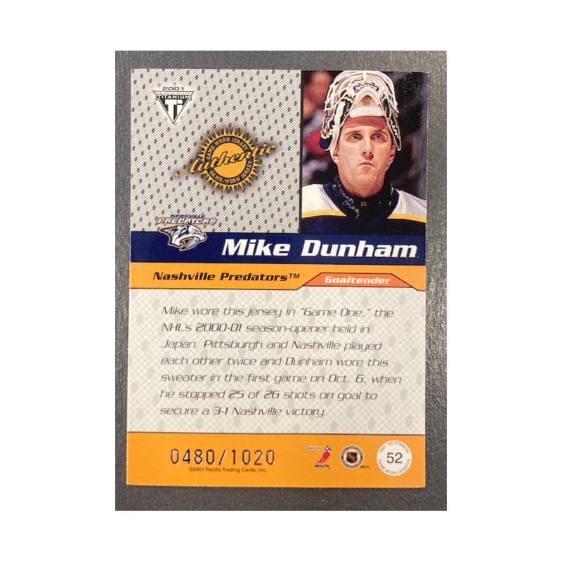 MIKE DUNHAM 2000-01 PACIFIC TITANIUM DRAFT DAY EDITION JERSEY 480/1020