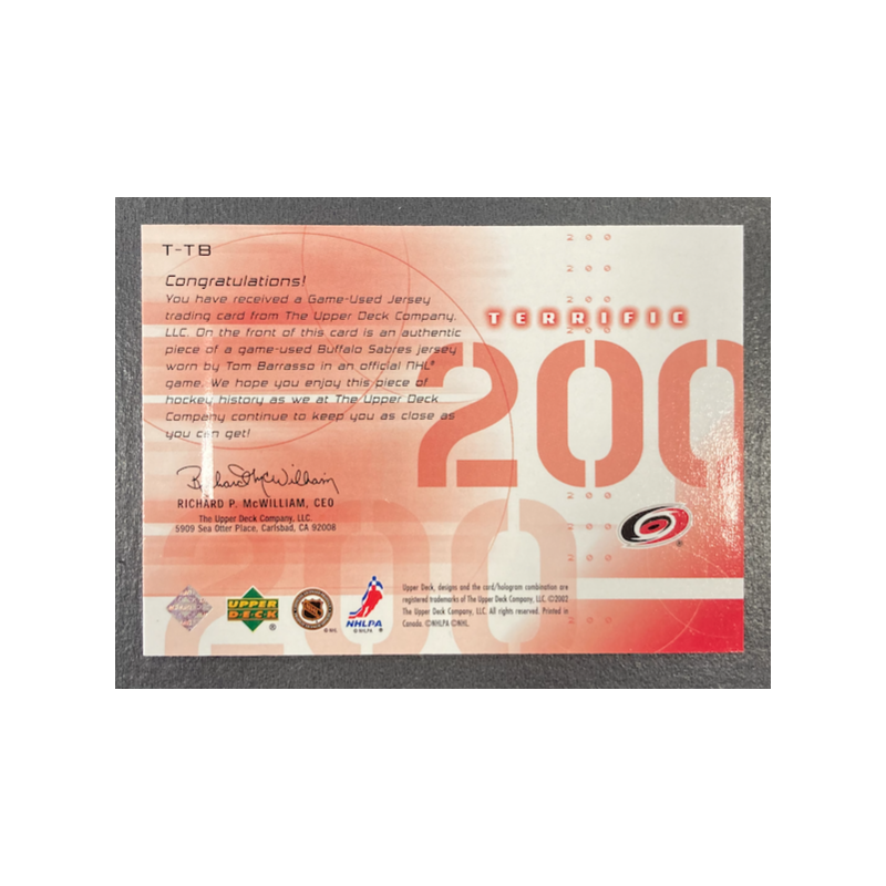 TOM BARRASSO 2001-02 UD CHALLENGE FOR THE CUP JERSEY
