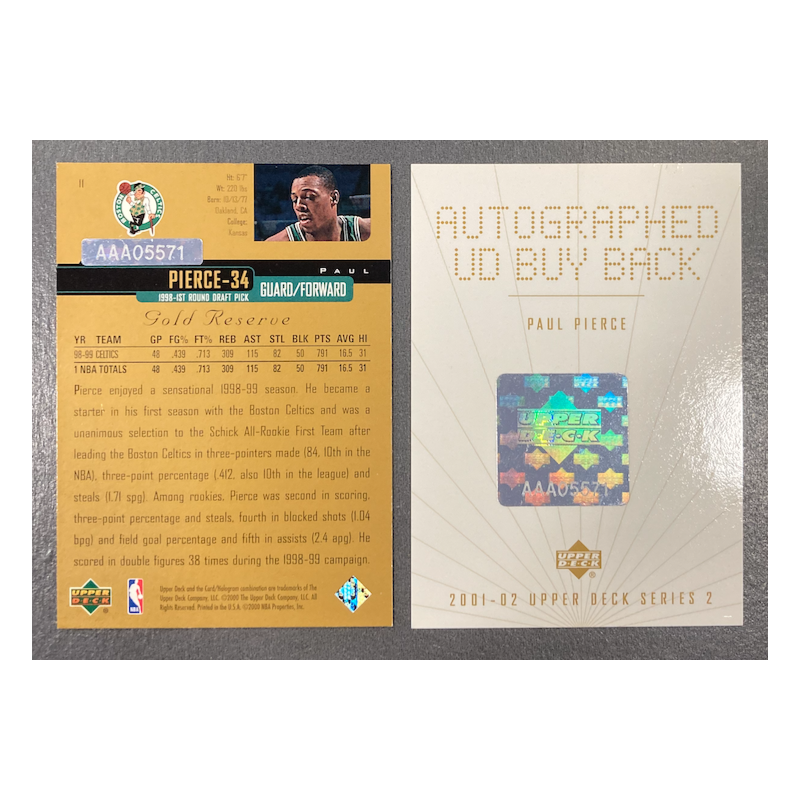 PAUL PIERCE 2001-02 UD SERIE 2 BUYBACK ON GOLD RESERVE 1999 1/1