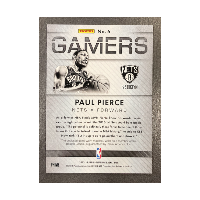 PAUL PIERCE 2013-14 PANINI TITANIUM GAMERS LAUNDRY TAG 1/1