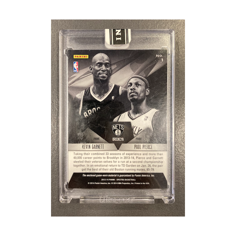 PAUL PIERCE / KEVIN GARNETT 2013-14 PANINI SPECTRA BLACK BOX DUAL PATCHES 1/1