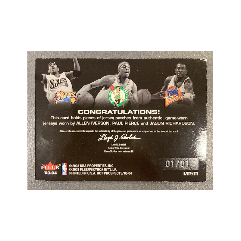 PAUL PIERCE / ALLEN IVERSON / RICHARDSON 2003-04 HOOPS HOT PROSPECT TRIPLE PATCHES 1/1 - EXMT CONDITION