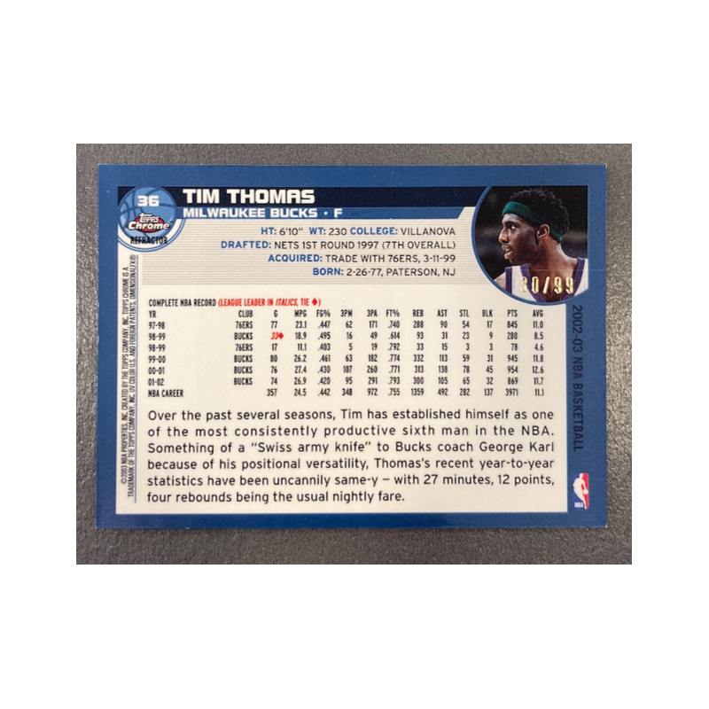 TIM THOMAS 2002-03 TOPPS CHROME REFRACTOR BLACK 30/99
