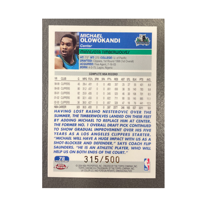 MICHAEL OLOWOKANDI 2003-04 TOPPS CHROME BLACK REFRACTOR 315/500