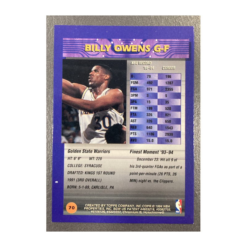 BILLY OWENS 1994-95 TOPPS FINEST REFRACTOR 70