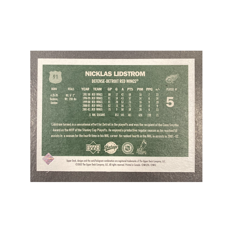 NICKLAS LIDSTROM 2002-03 UPPER DECK VINTAGE GREEN BACKS 66/199