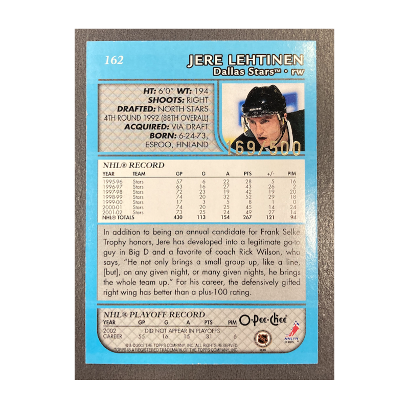 JERE LEHTINEN 2002-03 TOPPS O-PEE-CHEE BLUE 169/500