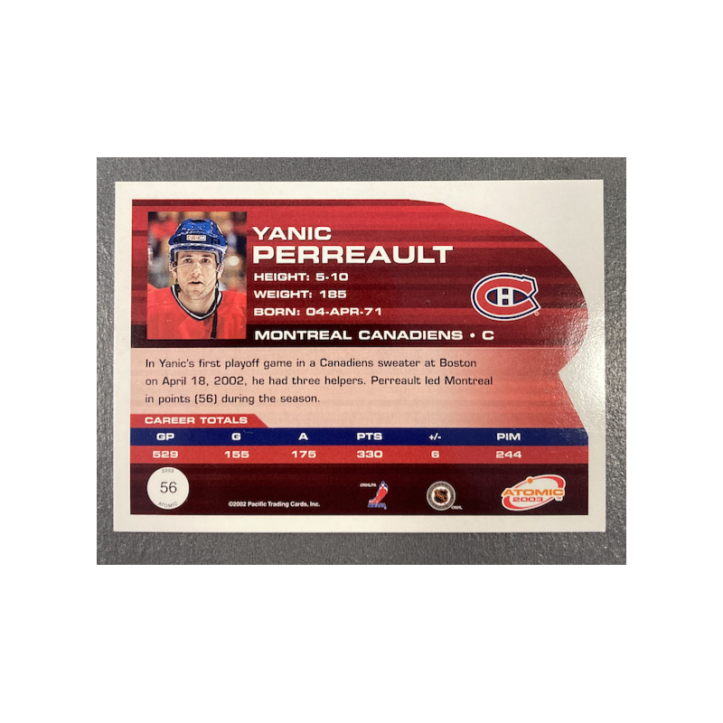 YANIC PERREAULT 2002-03 PACIFIC ATOMIC HOBBY PARELLELE 190/775