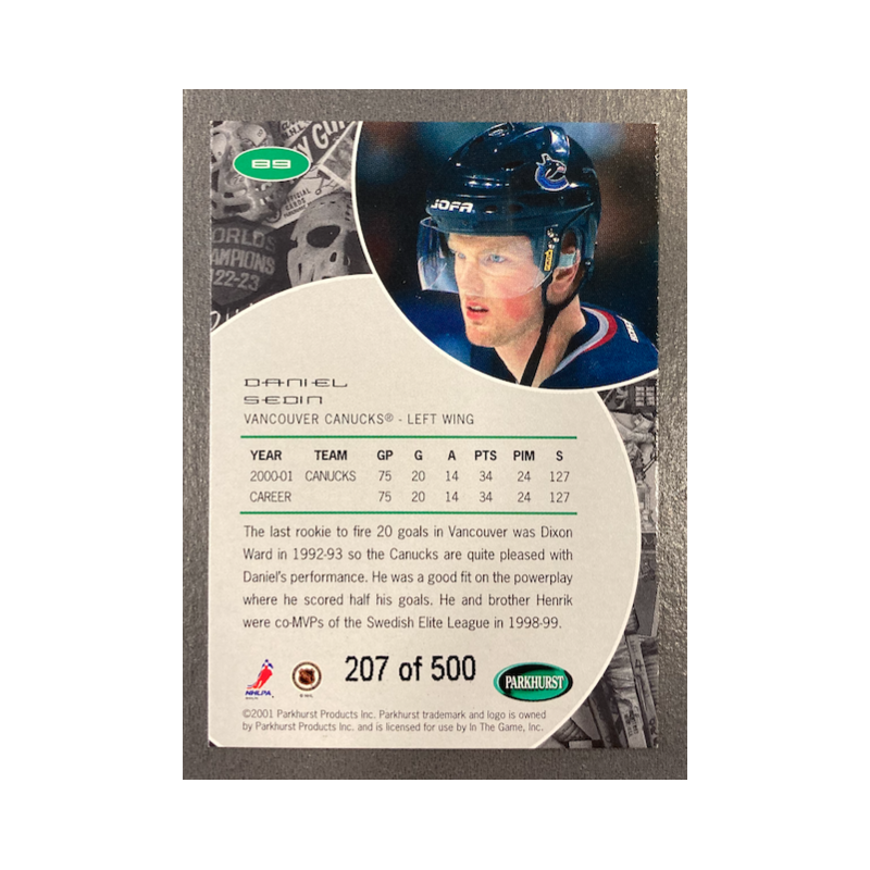 DANIEL SEDIN 2001-02 PARKHURST SILVER 207/500 - EXMT CONDITION