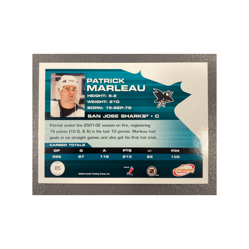 PATRICK MARLEAU 2002-03 PACIFIC ATOMIC HOBBY PARALLEL 37/775