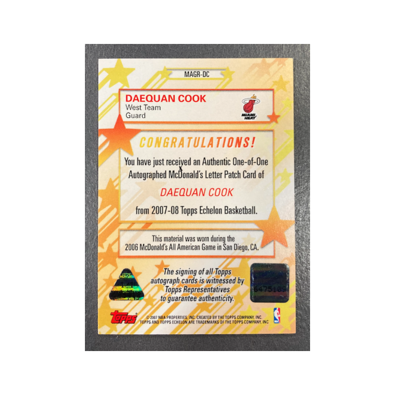 DEAQUAN COOK 2007-08 TOPPS ECHELON McDONALD'S ALL-AMERICAN AUTO LETTER RELICS