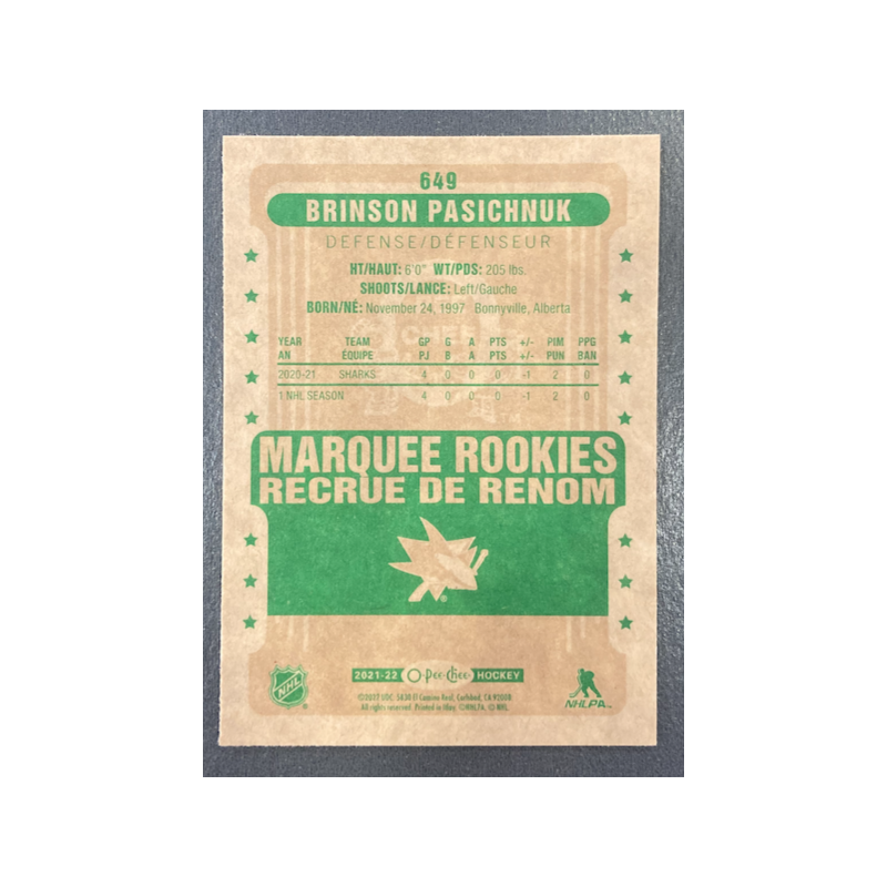 BRINSON PASICHNUK 2021-22 UPPER DECK SERIES 2 O-PEE-CHEE MARQUEE ROOKIES