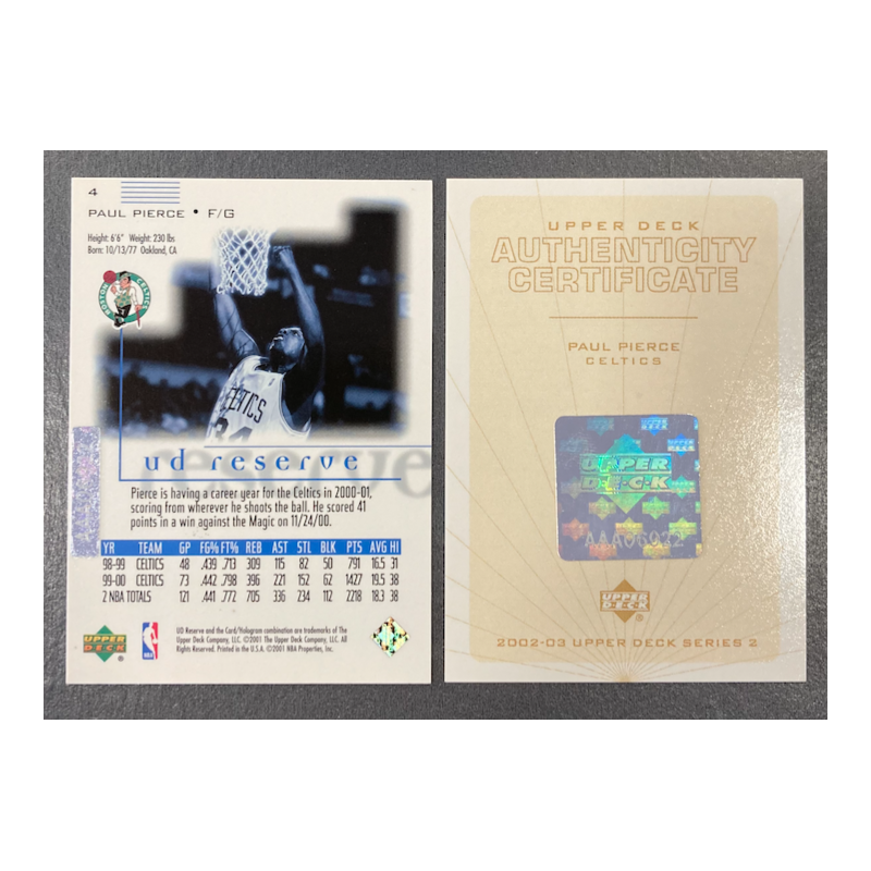 PAUL PIERCE 2002-03 UPPER DECK BUYBACK AUTO 1/2 ON UD RESERVE 01/02
