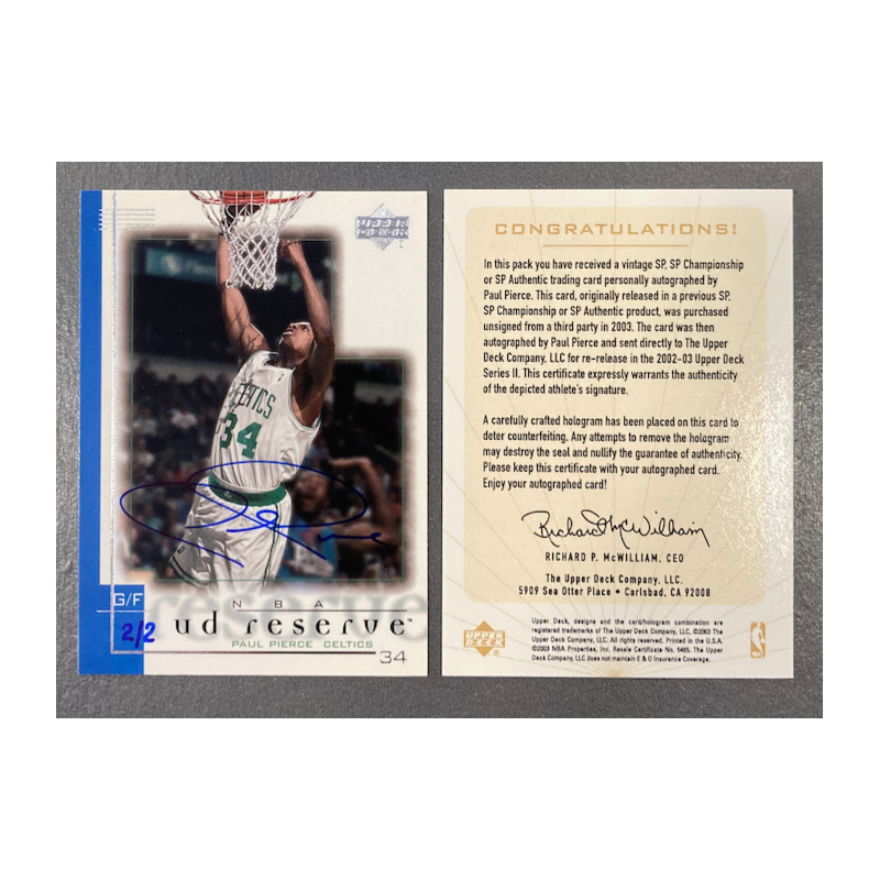 PAUL PIERCE 2002-03 UPPERDECK BUYBACK AUTO 1/2 ON UD RESERVE 01/02