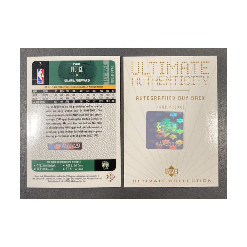 PAUL PIERCE 2001-02 UD ULTIMATE BUYBACK AUTO 3/4 ON ULTIMATE VICTORY 00-01