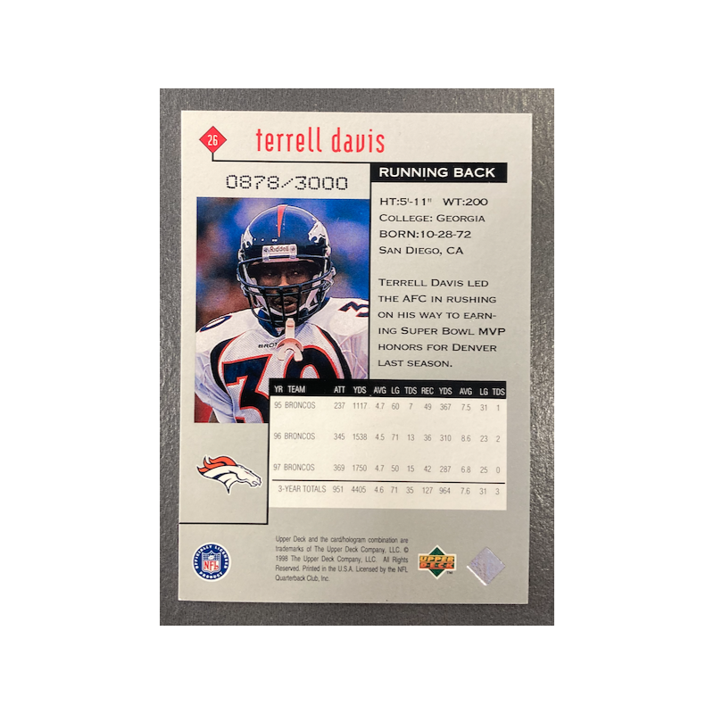 TERRELL DAVIS 1998 UD BLACK DIAMOND ROOKIES DOUBLE 878/3000