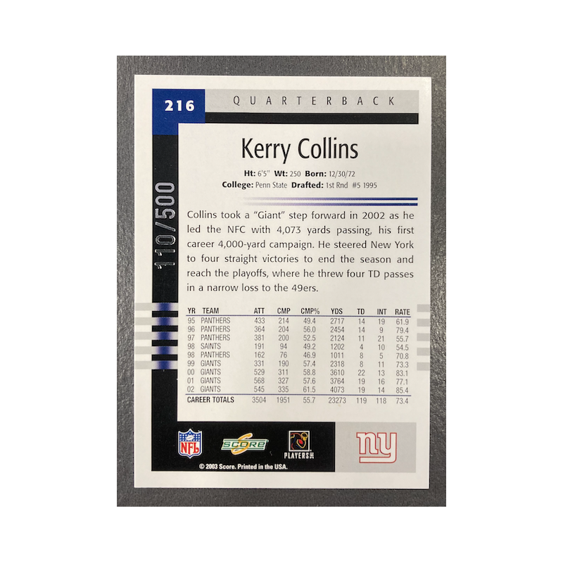 KERRY COLLINS 2003 SCORE SCORECARD 110/500 1 2