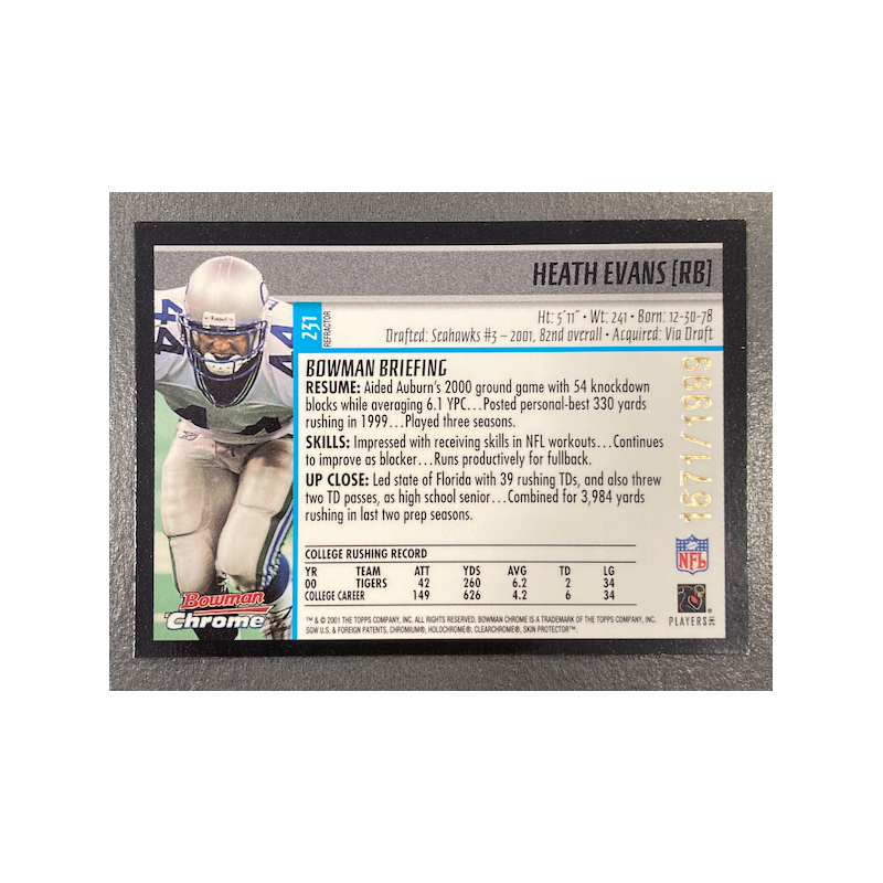 HEATH EVANS 2001 BOWMAN CHROME REFRACTOR ROOKIE 1671/1999