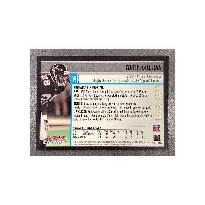 COREY HALL 2001 BOWMAN CHROME REFRACTOR ROOKIE 1363/1999