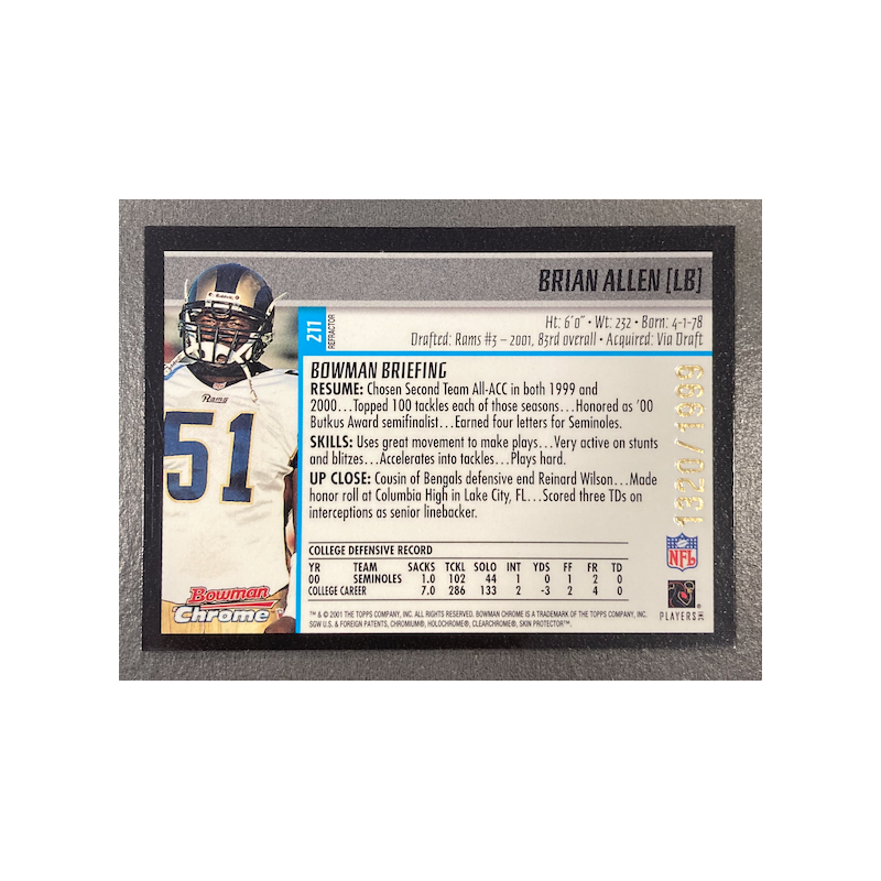 BRIAN ALLEN 2001 BOWMAN CHROME REFRACTOR ROOKIE 1320/1999