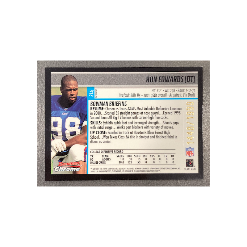 RON EDWARDS 2001 BOWMAN CHROME REFRACTOR ROOKIE 1448/1999