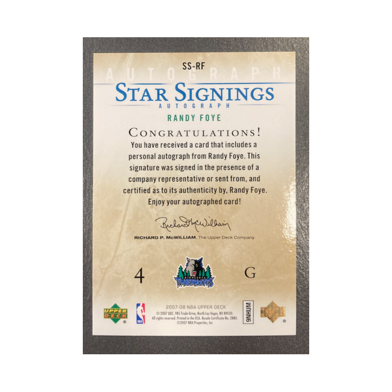 RANDY FOYE 2007-08 UPPER DECK STAR SINGNINGS AUTO /20