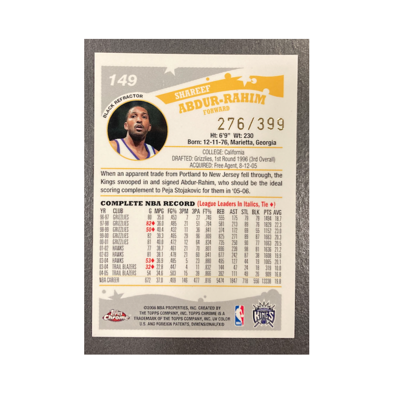 SHAREEF ABDUR-RAHIM 2005-06 TOPPS CHROME BLACK REFRACTOR 276/399