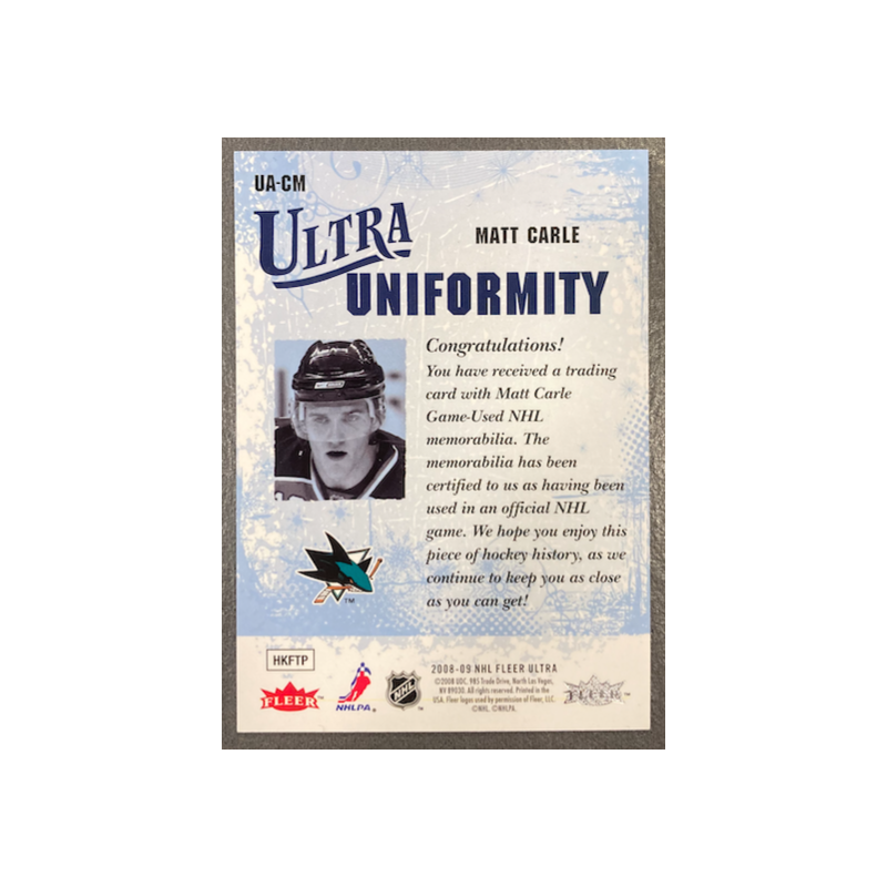 MATT CARLE 2008-09 FLEER ULTRA UNIFORMITY JERSEY UACM