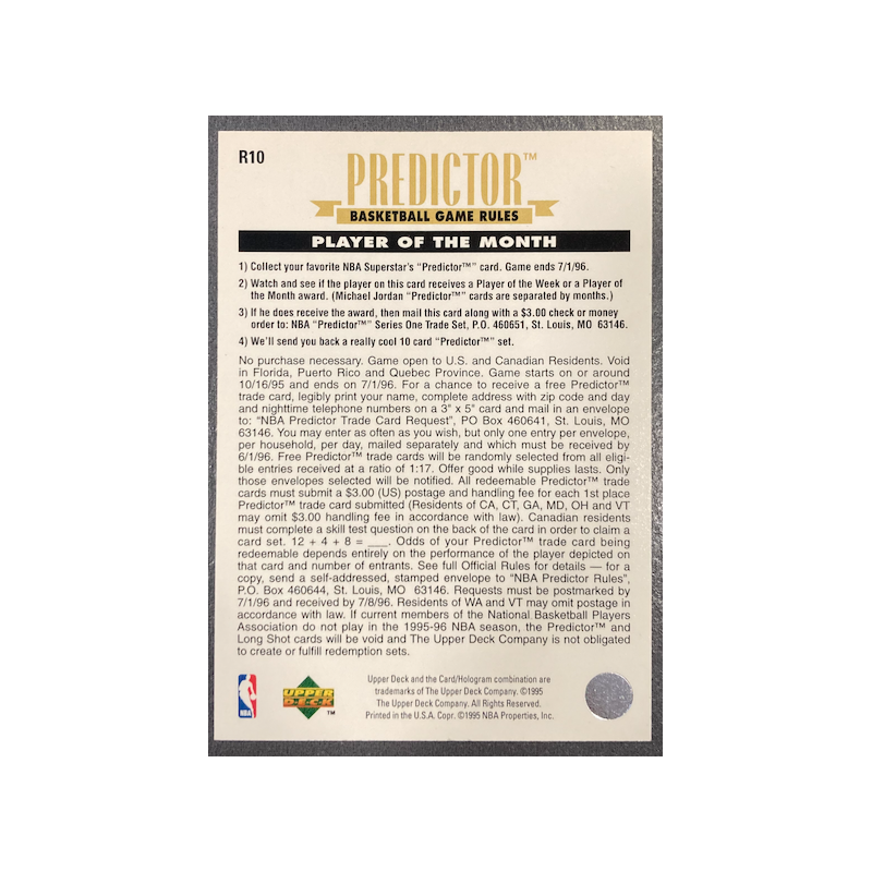 REDEMPTION 1995-96 UPPER DECK PREDICTOR PLAYER OF THE MONTH R10 LONG SHOT CARD