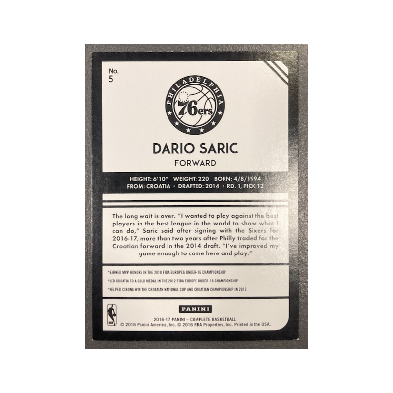 DARIO SARIC 2016-17 PANINI COMPLETE ROOKIE
