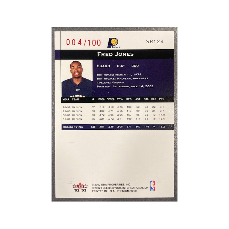 FRED JONES 2002-03 FLEER PREMIUM RUBIES ROOKIE 004/100