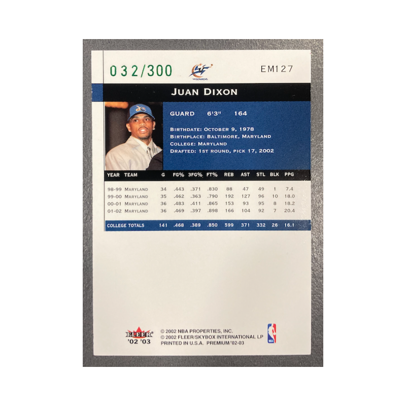 JUAN DIXON 2002-03 FLEER PREMIUM EMERALD ROOKIE 32/300 - EXMT CONDITION