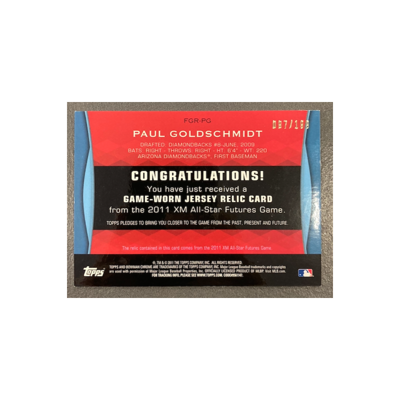 PAUL GOLDSCHMIDT 2011 BOWMAN DRAFT FUTURES GAME ROOKIE JERSEY 97/199