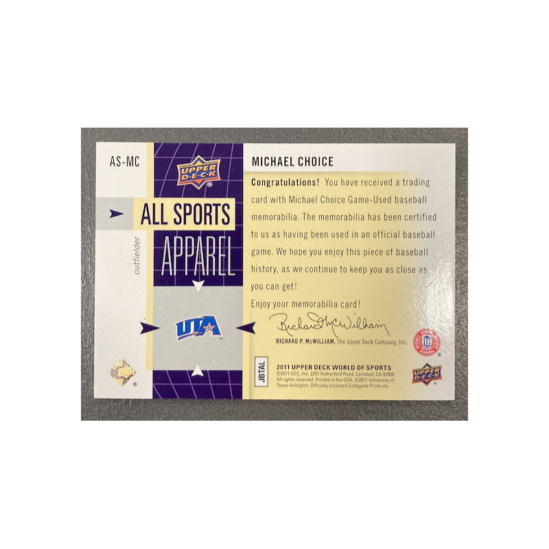 MICHAEL CHOICE 2011 UPPER DECK WORLD OF SPORTS ALL-SPORT APPAREL JERSEY