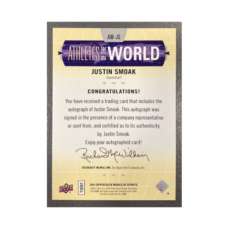JUSTIN SMOAK 2010 UPPER DECK WORLD OF SPORTS ATHLETES OF THE WORLD AUTO