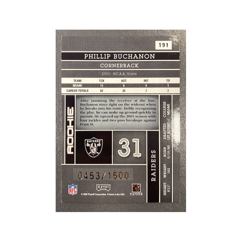PHILLIP BUCHANON 2002 ABSOLUTE MEMORABILIA ROOKIE 453/1500