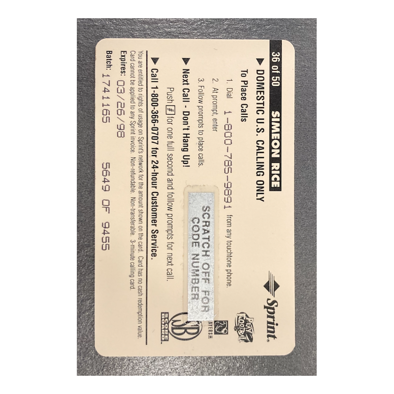 SIMEON RICE 1996 SCORE BOARD PRO LINE INTENSE PHONE CARDS $3 5649/9455
