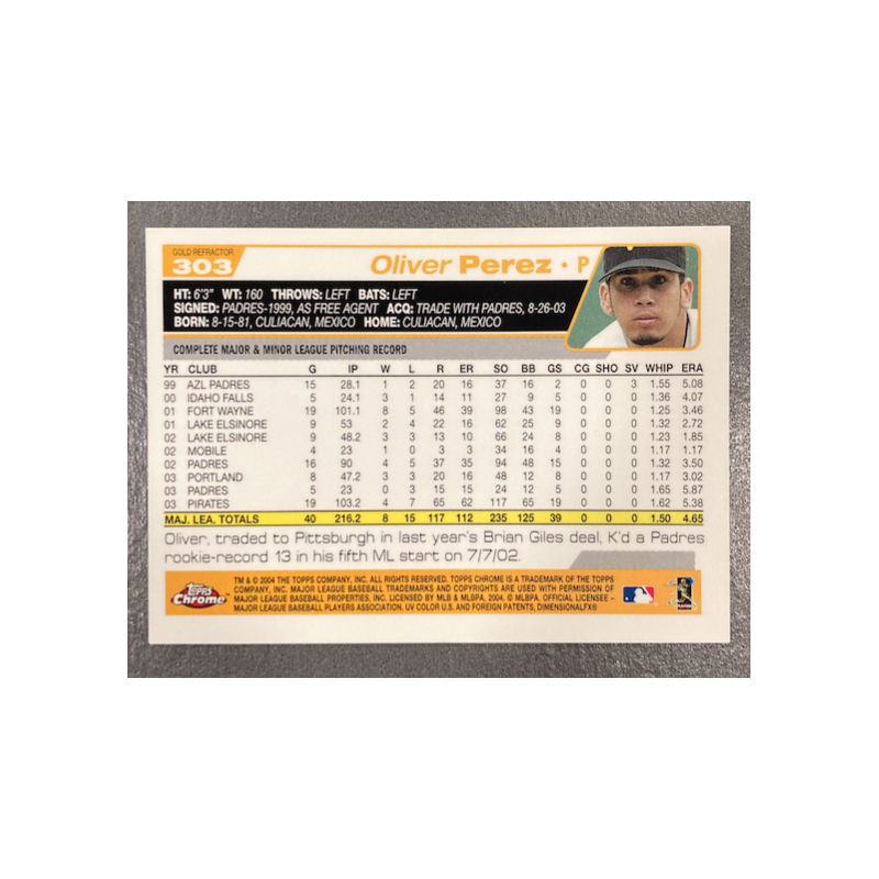 OLIVER PEREZ 2004 TOPPS CHROME GOLD REFRACTOR 303
