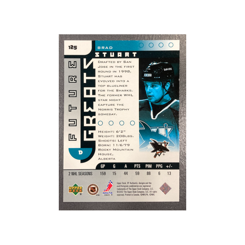 BRAD STUART 2001-02 UD SP AUTHENTIC FUTURE GREATS 743/3500