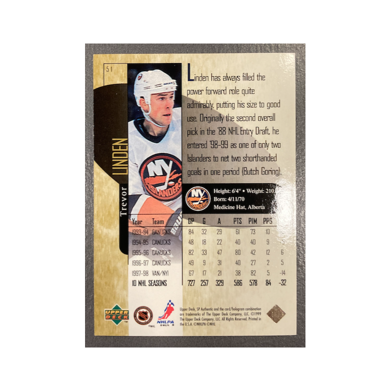TREVOR LINDEN 1998-99 UD SP AUTHENTIC POWER SHIFT 10/500