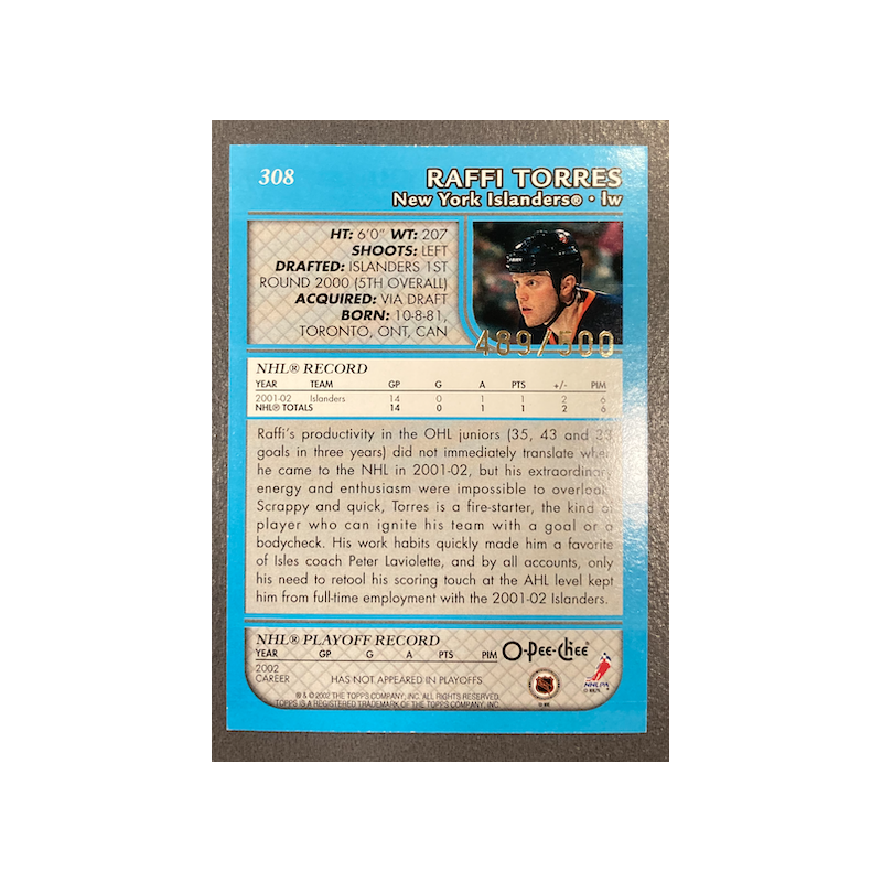 RAFFI TORRES 2002-03 TOPPS O-PEE-CHEE BLUE 489/500 1 2,5
