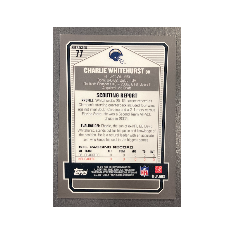 CHARLIE WHITEHURST 2007 TOPPS DPP BLACK CHROME REFRACTOR