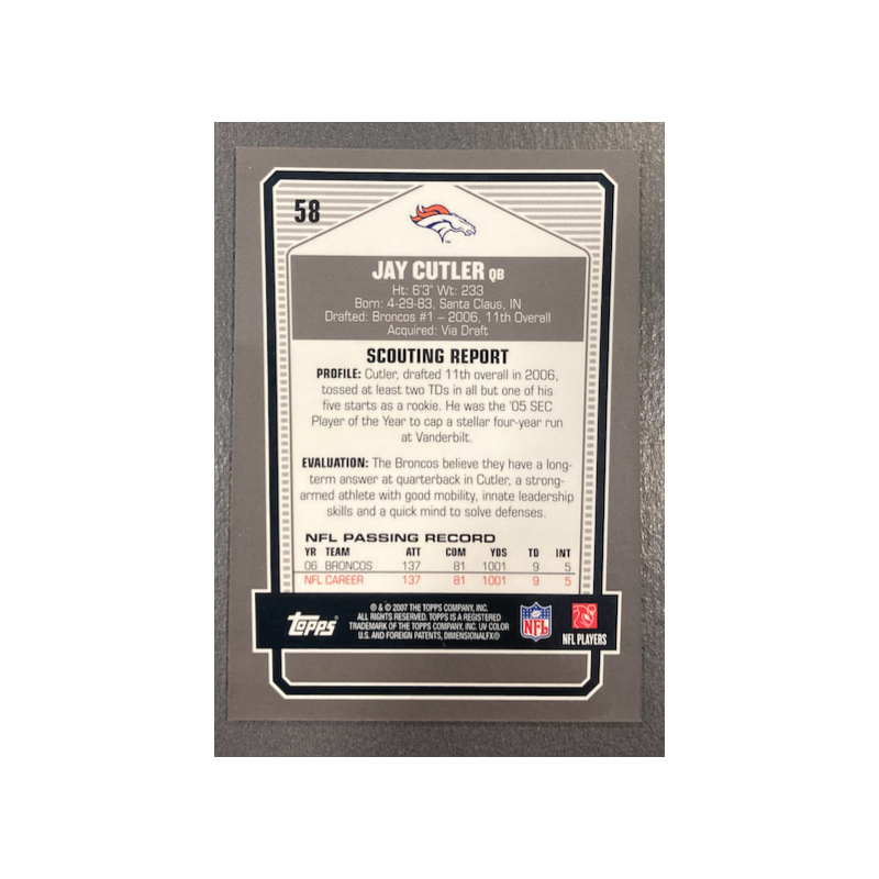 JAY CUTLER 2007 TOPPS DPP BLACK CHROME