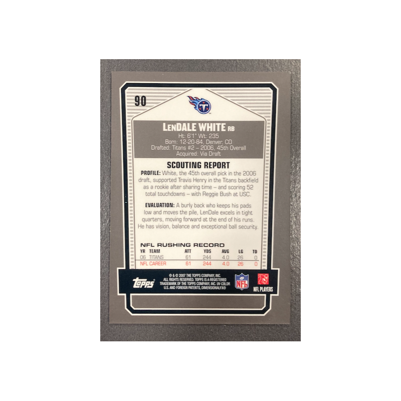 LENDALE WHITE 2007 TOPPS DPP BLACK CHROME